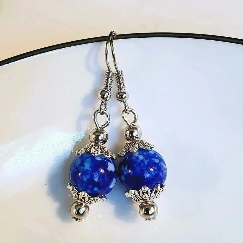 Art Nouveau Mottled Cobalt Blue White Glass Beads Antiqued Silver Earrings
